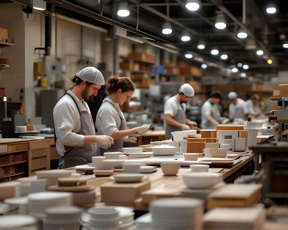 Equipo revisando pedidos y registros en una sala luminosa de la fábrica, con mesas de trabajo y piezas cerámicas