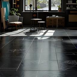 Piso cerámico oscuro instalado en un atelier contemporáneo con luz natural