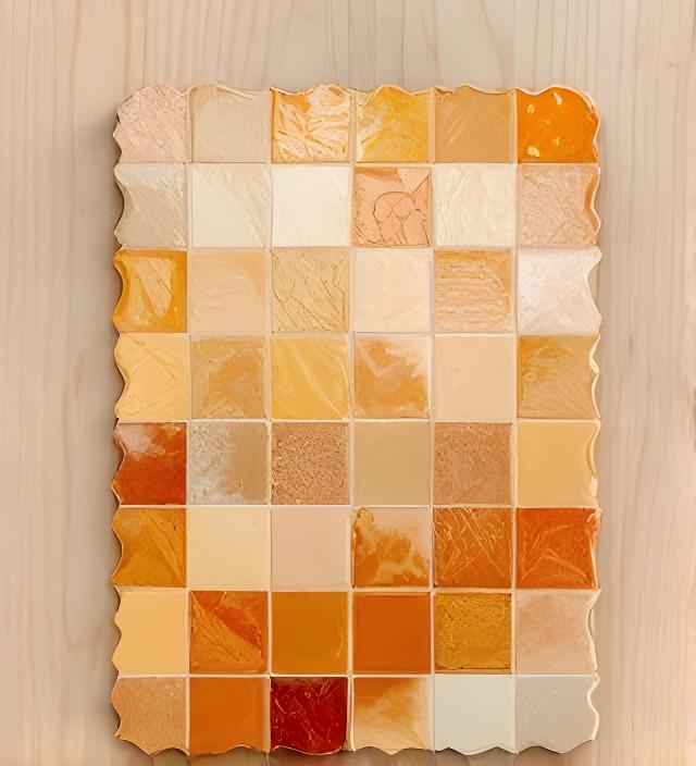 Muestrario de baldosas decorativas con transiciones de color cálido y borde irregular sobre fondo de madera clara