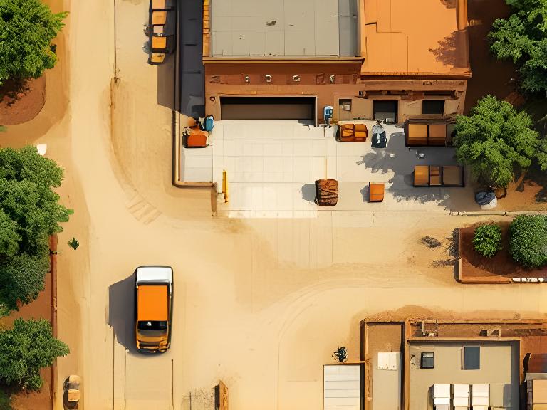 Vista aérea ilustrada de un acceso industrial en Concordia con calles de ripio, galpón cerámico y camión de carga