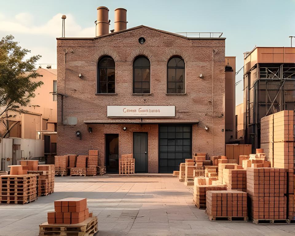Fachada de una fábrica de cerámica artesanal con pallets, ladrillos y piezas de arcilla listas para despacho en Concordia