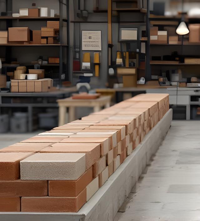 Lote de ladrillos cerámicos personalizados alineados junto a un muestrario de acabados en un taller industrial artesanal