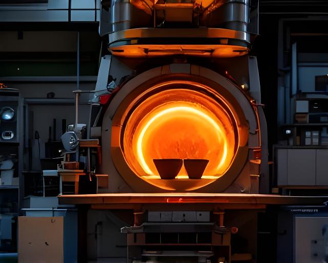 Horno cerámico encendido con piezas en cocción y una luz cálida dentro del taller