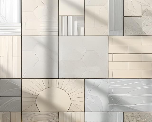 Colección Horizonte de cerámicos esmaltados con piezas luminosas y patrón geométrico