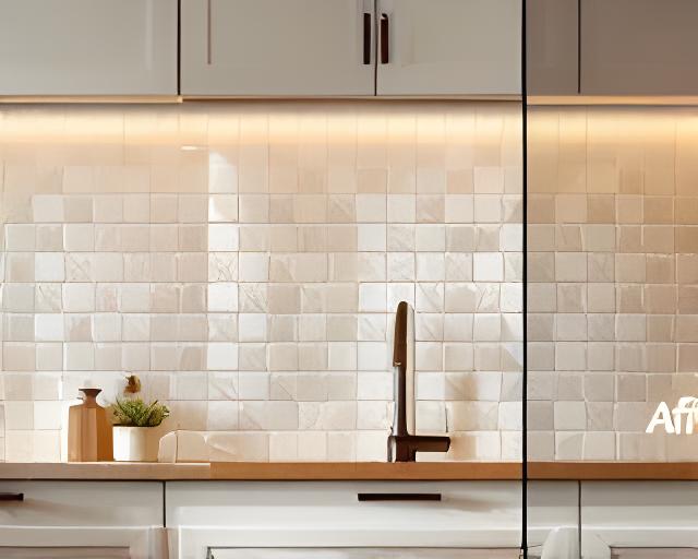 Comparación visual de pared de cocina antes y después con baldosas artesanales en tonos rosados y arena