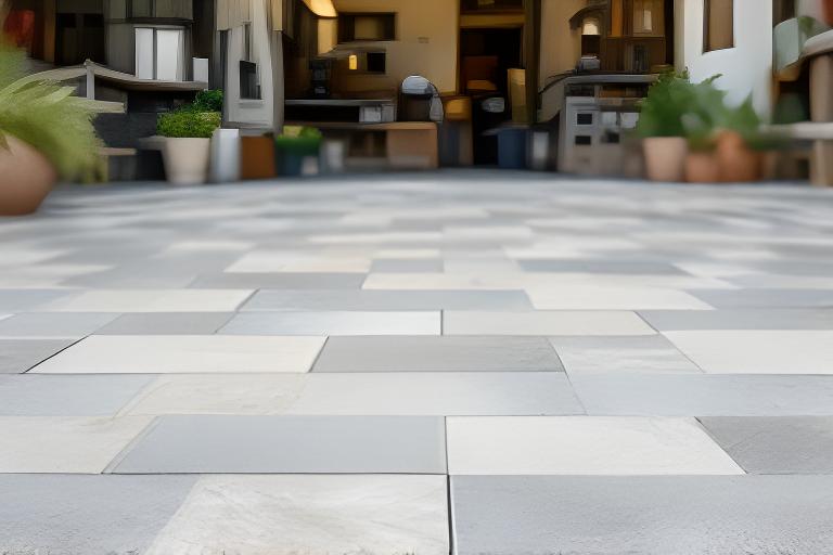 Piezas cerámicas texturadas para exterior acomodadas sobre piso gris claro en patio de taller