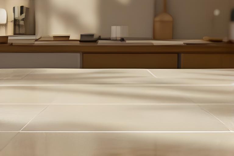 Cerámico mate color arena apoyado sobre mesa de diseño con luz natural lateral
