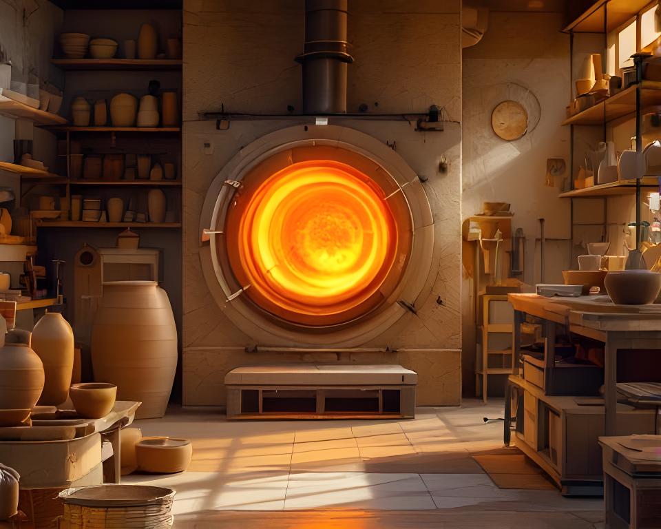 Taller cerámico en Concordia con horno encendido, estanterías de piezas y luz cálida de trabajo