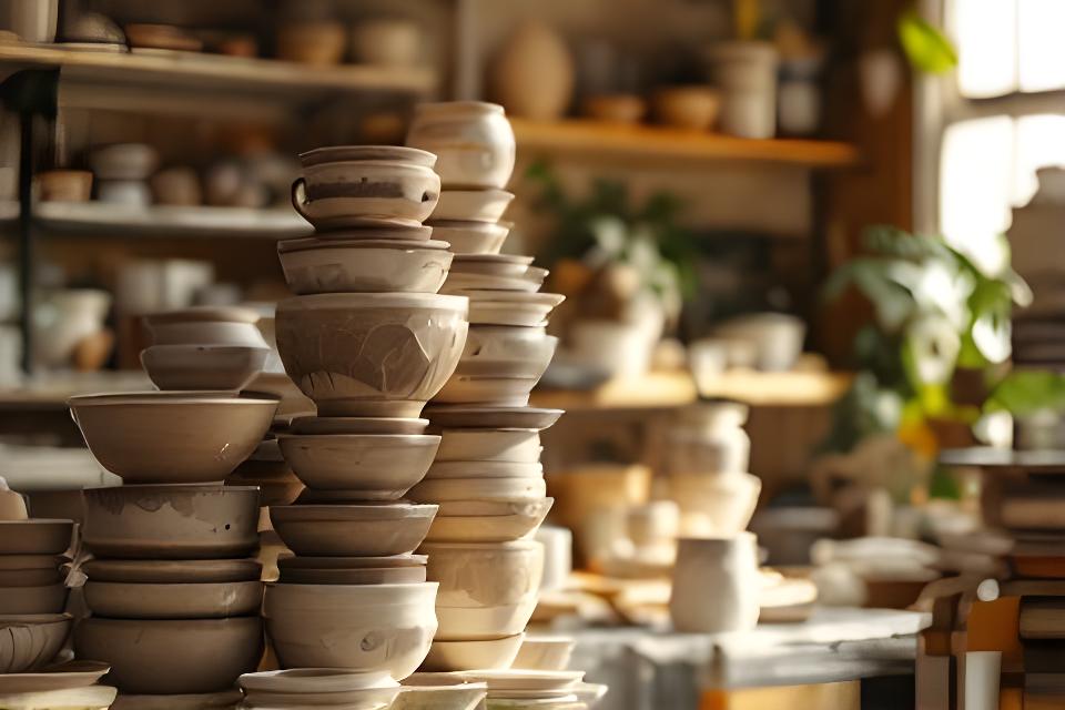 Piezas de cerámica artesanales apiladas en un taller luminoso con estantes de secado y acabado manual
