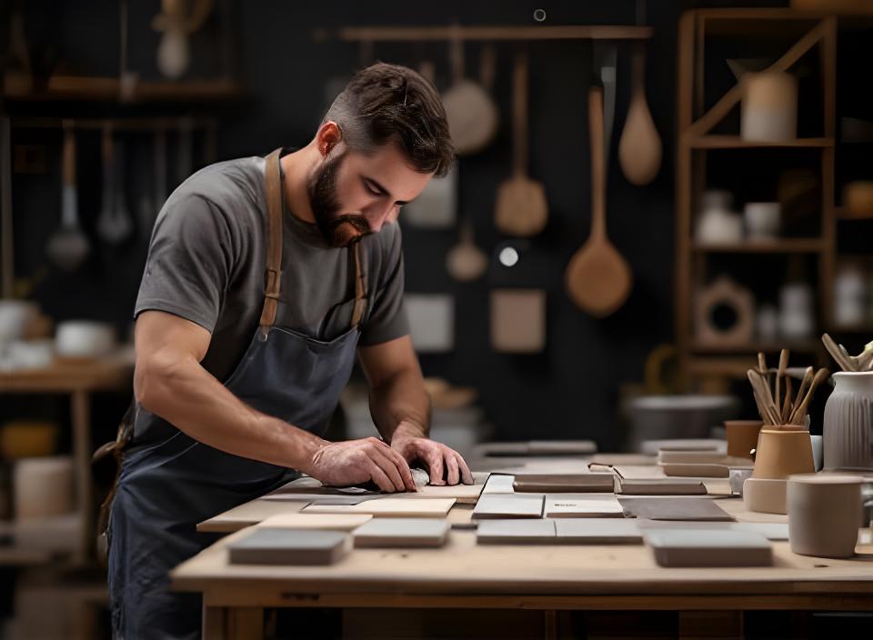 Artesana revisando muestras de baldosas cerámicas sobre una mesa de trabajo iluminada en el taller