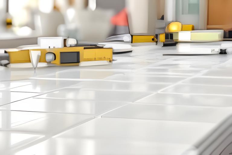 Cerámicos blancos para pared alineados con precisión sobre banco de trabajo y herramientas de medición